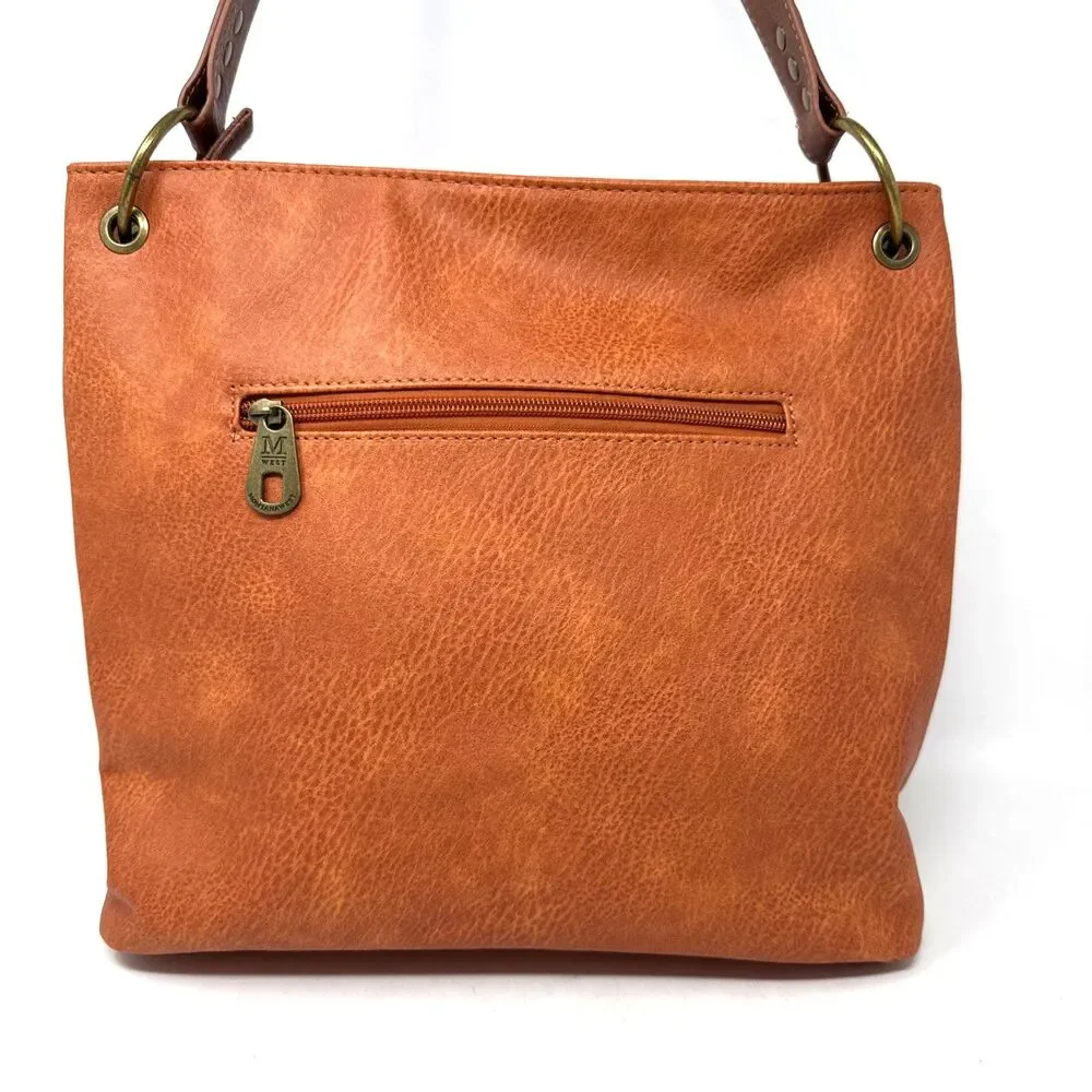 Montana West Hobo Tote Shoulder Bag Orange Brown Faux Leather Equestrian Lined